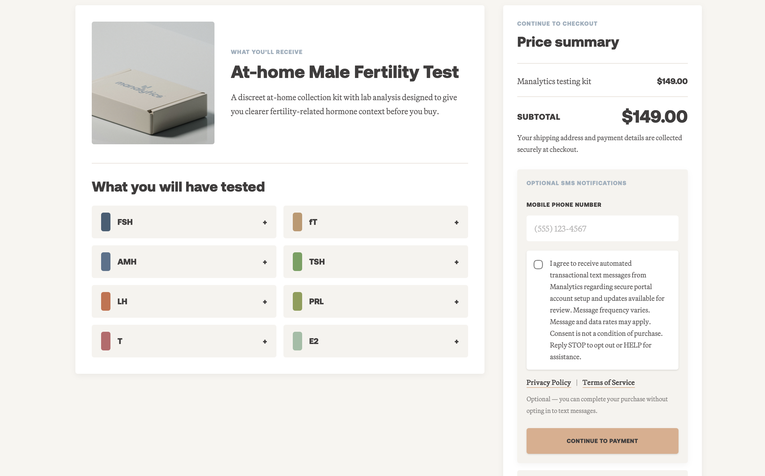Checkout review page showing optional SMS notifications before payment
